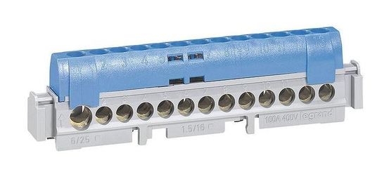 Клеммная колодка IP 2X - нейтраль - синяя - 1 x 6-25 мм² - 12 x 1,5-16 мм² - длина 113 мм